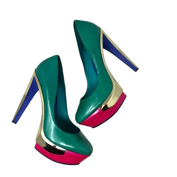 B Brian Atwood Leonida Turquoise Multi Platform Metal Gold Pump Heel Size US 10 - Picture 1 of 12